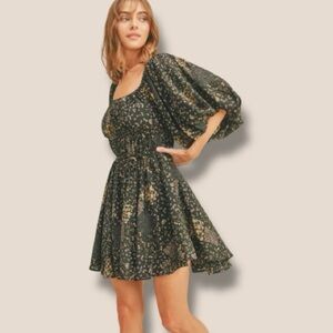 THE POST Anthro Fall Floral Bubble Sleeve Flared Mini Dress- Size Small